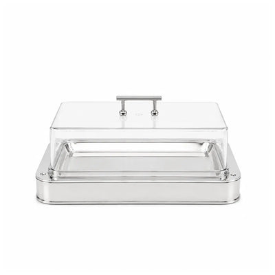 Elegant rectangular serving tray with a clear acrylic lid and silver finish, perfect for stylish food presentation at Siddiq Gifts.