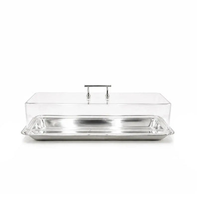 Elegant Rectangular Serving Tray With A Clear Acrylic Lid, Silver Finish, And Matching Silver Handles, Measuring 45 × 15.5 Cm And Ideal For Presenting Sweets, Dates, Chocolates, Pastries, And Snacks At Siddiq Gifts.