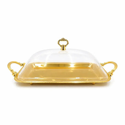 Elegant Rectangular Serving Tray With A Clear Dome Lid, Gold Finish, And Matching Gold Handles, Measuring 36 × 26 Cm And Ideal For Presenting Sweets, Dates, Chocolates, Pastries, And Snacks At Siddiq Gifts.