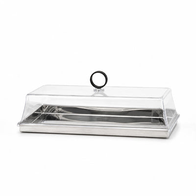 Rectangular Serving Tray With Acrylic Lid 45 x 15 x 13 CM Silver Finish With Black Handle Siddiq Gifts