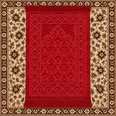 Red Turkey Harir Prayer Mat Islamic Musalla Janamaz, 70 × 110 cm, with an Embossed Geometric Design for Daily Prayer, Home Use, Travel, and Gifting at Siddiq Gifts.