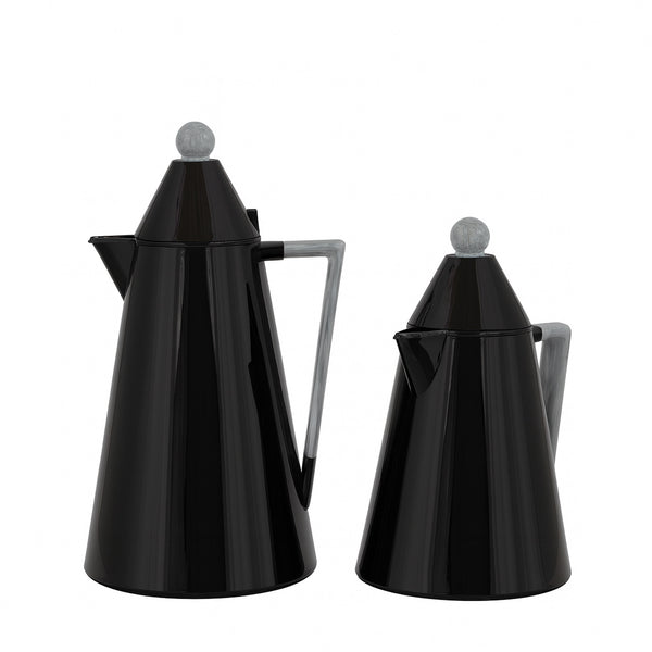 Two black coffee pots with gray knobs on a white background