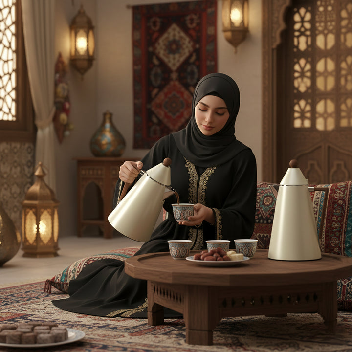 RGD17Q Vacuum Flask Set – 2-Piece – 0.5L + 1.0L – Pearl Beige with Dark Wooden Handle – Siddiq Gifts Mussafah Abu Dhabi