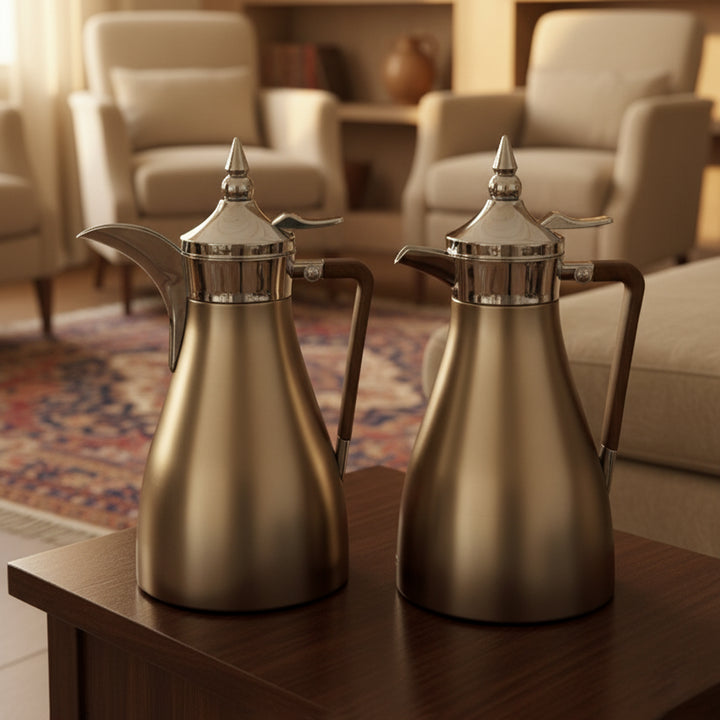 Two metallic coffee pots on a wooden table with a living room background