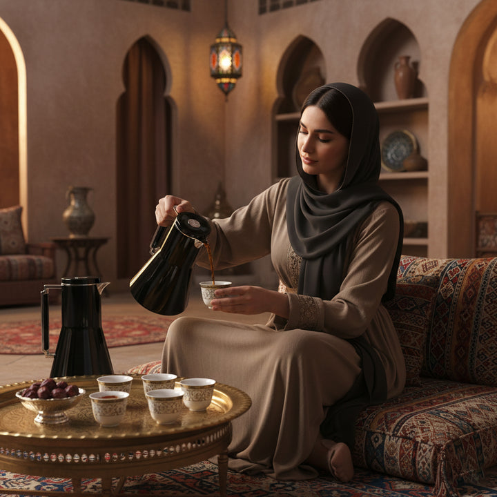 Woman in traditional attire pouring tea in a decorated room with ornate furniture and decor.