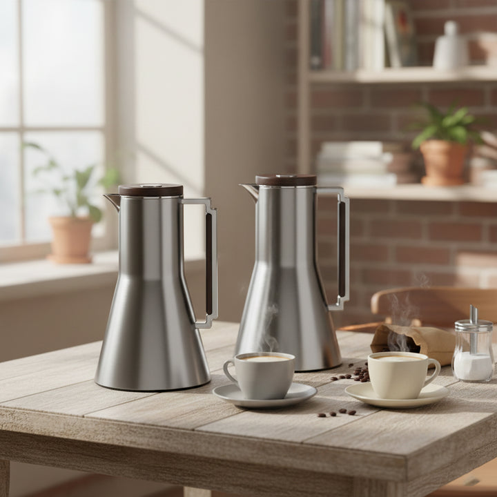 Two stainless steel coffee pots on a wooden table with cups and saucers, in a cozy kitchen setting.
