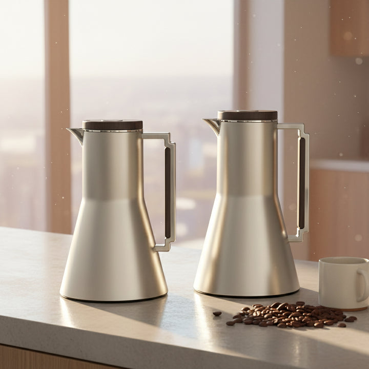 Two stainless steel coffee pots on a kitchen counter with coffee beans and a mug.