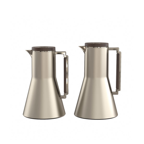 Two silver coffee pots with black lids on a white background