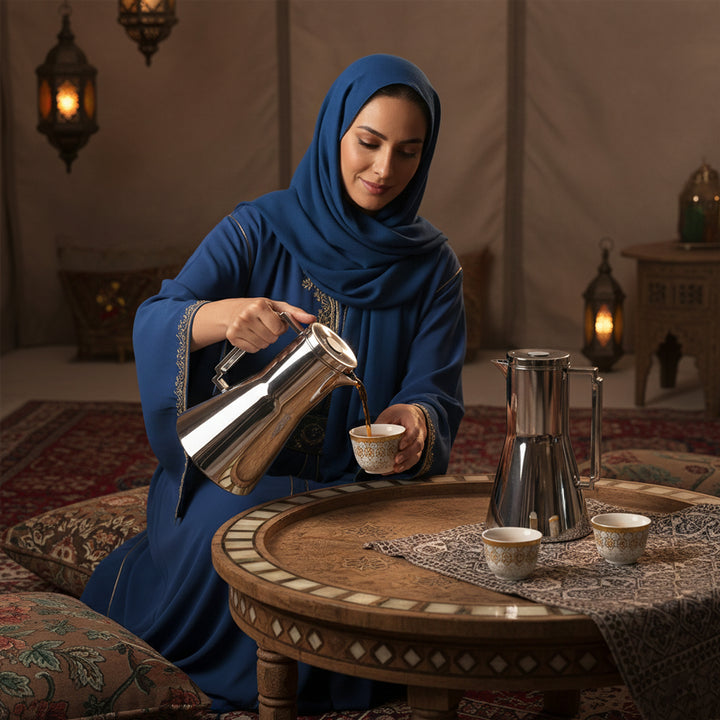 Woman in blue hijab pouring coffee into a cup in a warm, decorated room.
