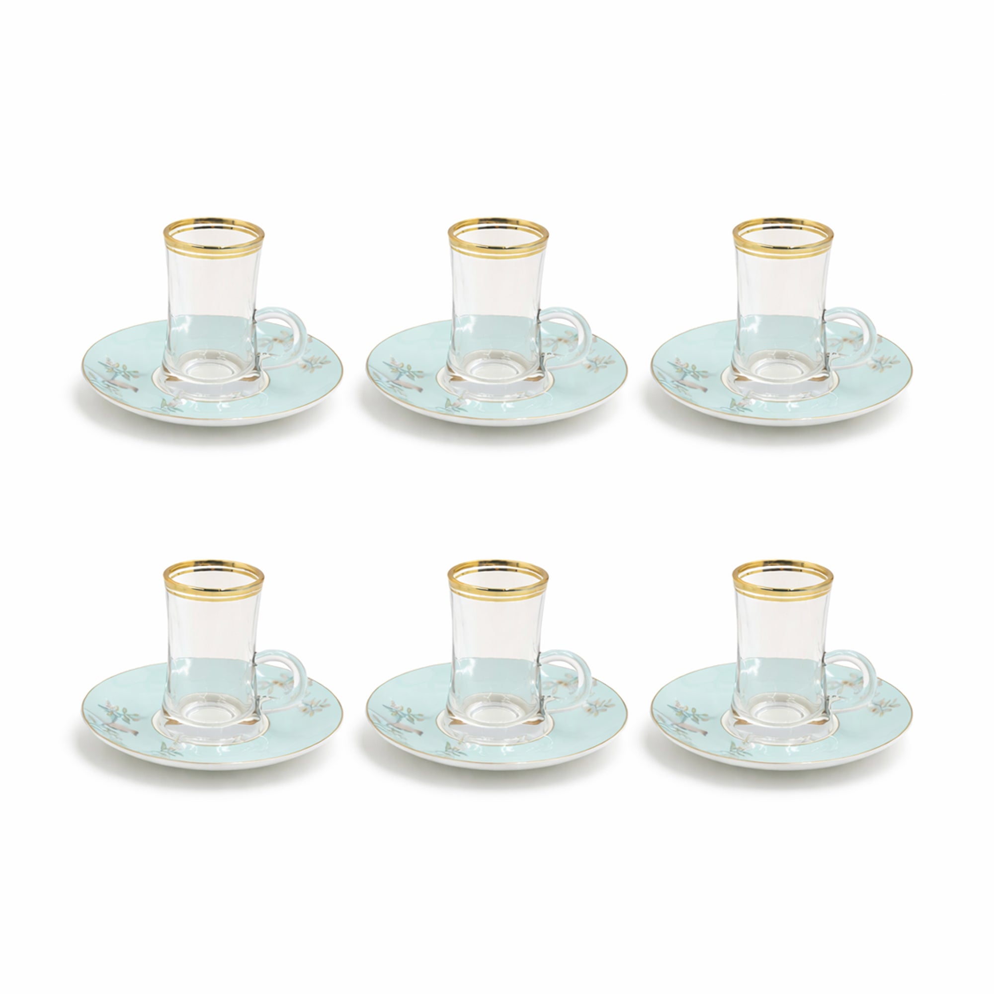 RM-471 tea and cawa cup with saucer set 18 pieces in clear glass with floral bird design for serving – Siddiq Gifts