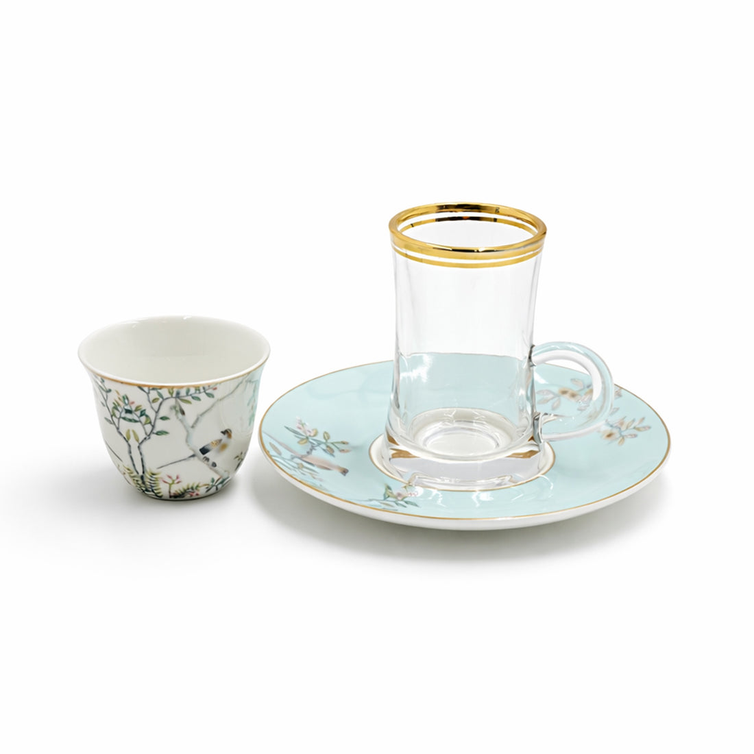 RM-471 Tea & Cawa Cup with Saucer Set – 18 Pieces – Clear Glass with Floral Bird Design