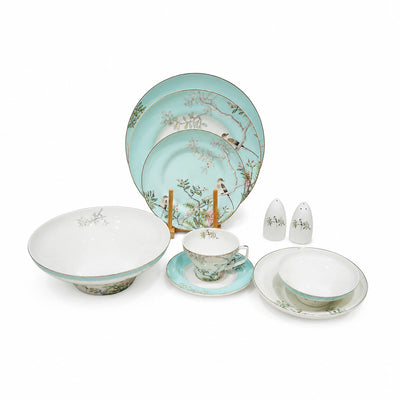 RM-473 Ceramic Dinner Set 40 Pieces White Aqua Blue Bird Floral Porcelain Dinnerware Set Siddiq Gifts