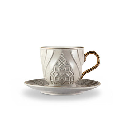 Rose Milk Tea Cup & Saucer Set, 12 Pieces, in Grey with Gold Accents at Siddiq Gifts.