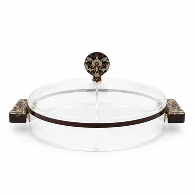Elegant round 4-compartment candy box with a clear lid, decorative handles, and black and gold design, perfect for serving chocolates, dates, nuts, and sweets at Siddiq Gifts.