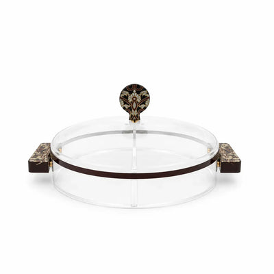 Elegant round 4-compartment candy box with a clear dome lid and black and gold decorative finish, perfect for serving chocolates, dates, nuts, and sweets at Siddiq Gifts.
