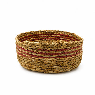 Round Handwoven Seagrass Storage Basket Natural & Burgundy Stripe by Siddiq Gifts