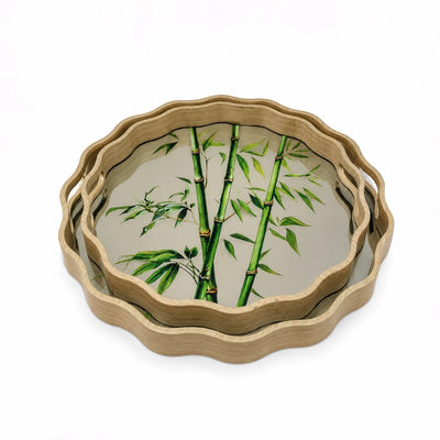 Round Serving Tray Set 2 Piece Bamboo Design Decorative Plastic Serving Trays With Handles Siddiq Gifts