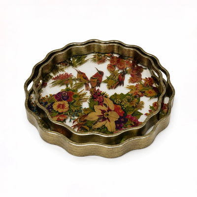 Round Serving Tray Set 2 Piece Floral Decorative Plastic Serving Trays With Handles Siddiq Gifts