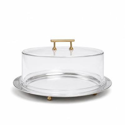 Round Serving Tray With Acrylic Dome 33 CM Silver And Gold Dessert Display Tray Siddiq Gifts