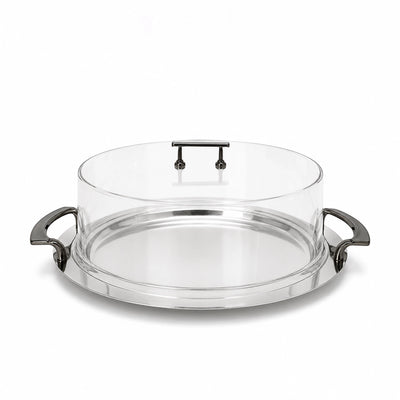 Round Serving Tray With Acrylic Lid 37 CM Silver And Nickel Black Dessert Display Tray Siddiq Gifts
