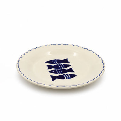 Roya Ceramic Round Serving Platter, 28 cm, in White and Blue with Kelibia Fish Design at Siddiq Gifts.