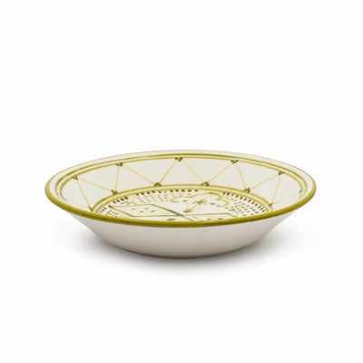 Elegant White Roya Green Molokhia Ceramic Deep Plate Measuring 23 Cm, Featuring Refined Gold Decorative Detailing And Ideal For Serving Molokhia, Soups, Stews, Rice, And Traditional Dishes At Siddiq Gifts.