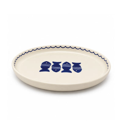 Safari Ceramic Flat Plate, 26 cm, in White and Blue with Kelibia Fish Design at Siddiq Gifts.