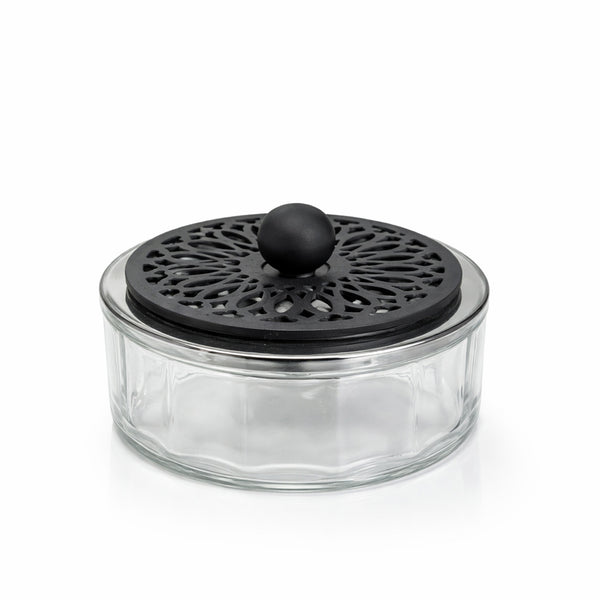 SBTC580 Round Glass Storage Box – Medium 8 × 8 × 3 cm – Clear Glass with Black Lid | Siddiq Gifts – Mussafah Abu Dhabi