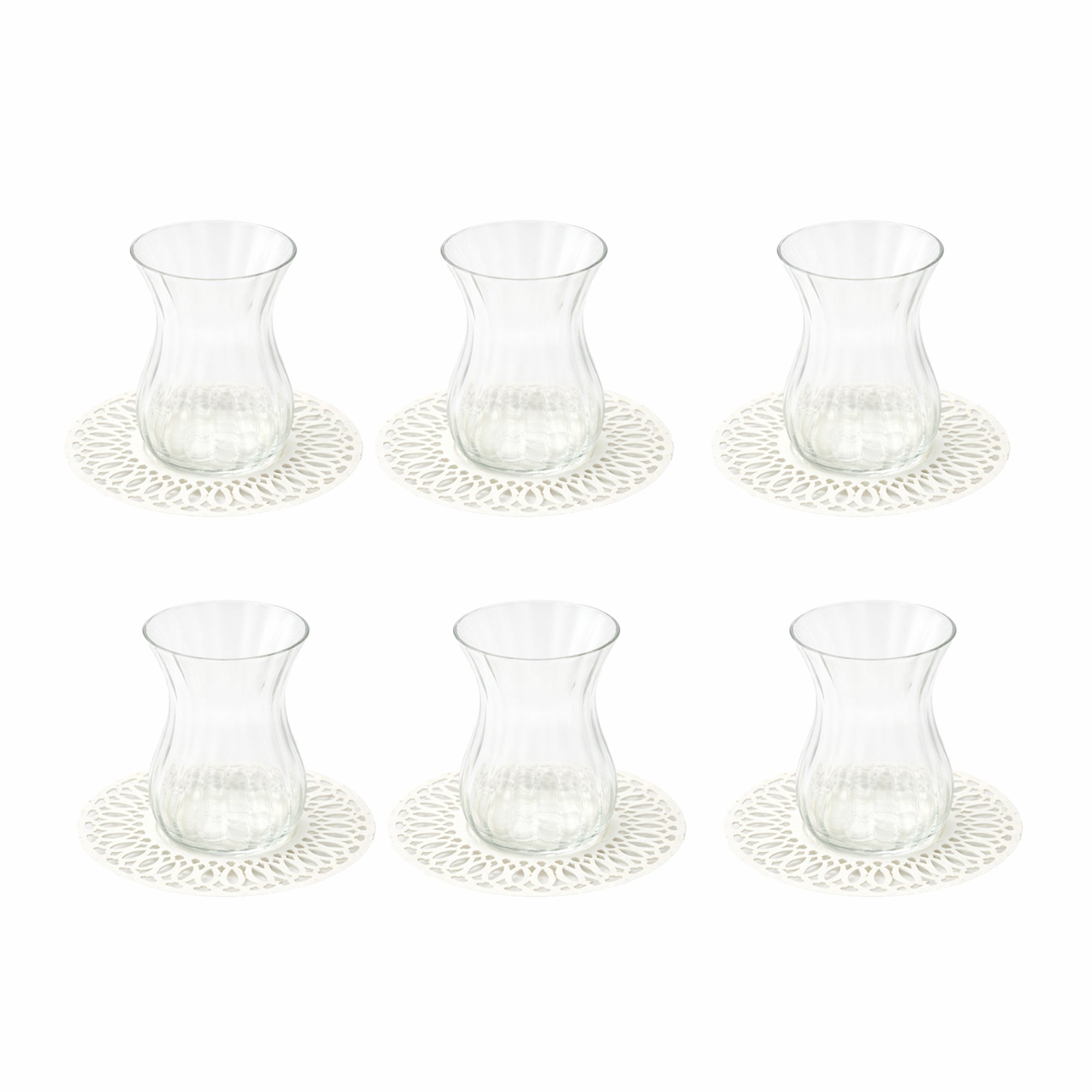 SBTC630 12-Piece Tea Cup & Saucer Set – Clear Glass Cups with Ivory Cutwork Saucers | Siddiq Gifts – Mussafah Abu Dhabi