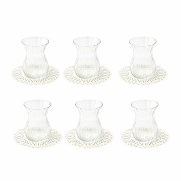 SBTC630 12-Piece Tea Cup & Saucer Set – Clear Glass Cups with Ivory Cutwork Saucers | Siddiq Gifts – Mussafah Abu Dhabi