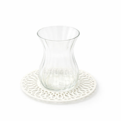 SBTC630 12-Piece Tea Cup & Saucer Set – Clear Glass Cups with Ivory Cutwork Saucers | Siddiq Gifts – Mussafah Abu Dhabi