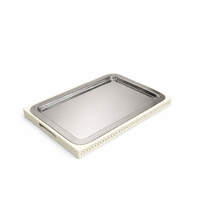 SBTC632 Rectangular Serving Tray – Medium 45 x 27 cm – Stainless Steel with Ivory Decorative Base | Siddiq Gifts – Mussafah Abu Dhabi