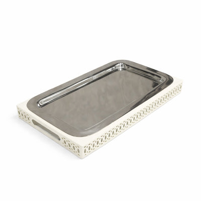SBTC634 Rectangular Serving Tray – 34 x 18 cm – Stainless Steel with Ivory Base | Siddiq Gifts – Mussafah Abu Dhabi