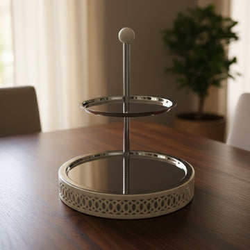 SBTC643 Two-Tier Round Serving Tray – Stainless Steel with Ivory Base | Siddiq Gifts – Mussafah Abu Dhabi