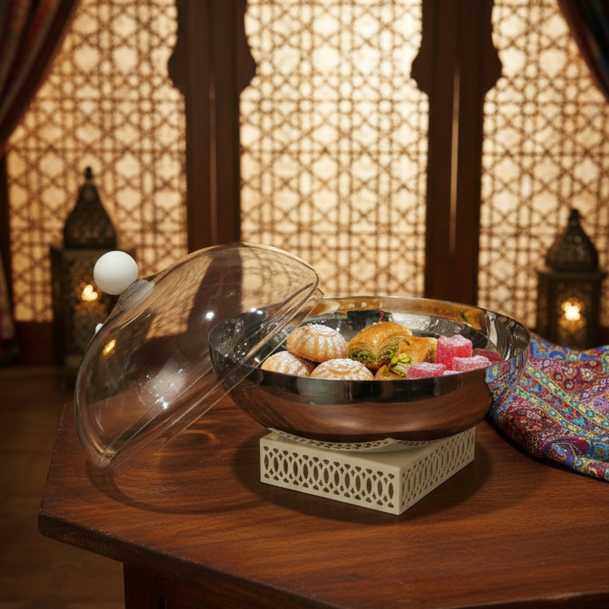 SBTC788 Sweet Bowl Small with Cover – 20 cm (D) – Ivory Base with Clear Dome Lid | Siddiq Gifts – Mussafah Abu Dhabi