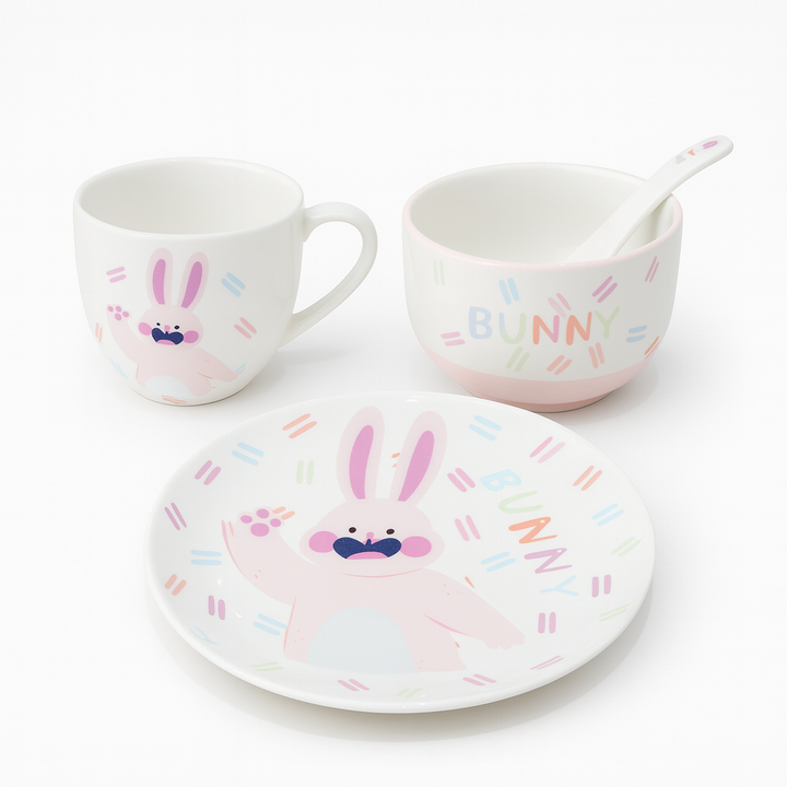 Ceramic set with bunny design on a white background