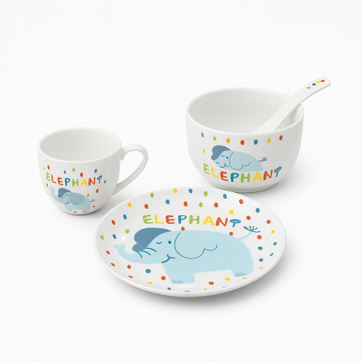 Children's ceramic set with elephant design on a white background