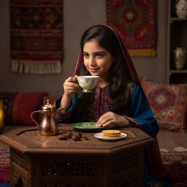 Young girl in traditional attire holding a cup, sitting at a table with a decorative setting.