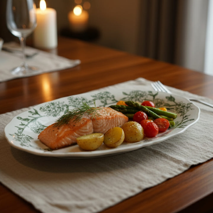 Plated dish of salmon with vegetables on a wooden table with candles in the background
