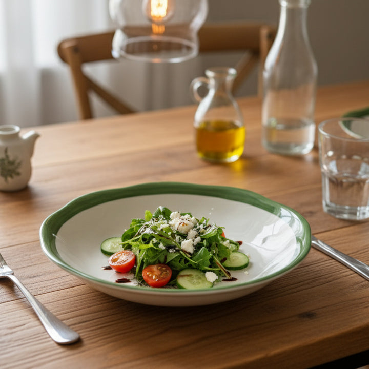 Salad on a white plate with green rim on a wooden table, with a bottle of oil and a glass in the background.