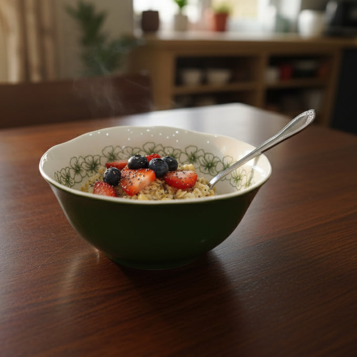 Bowl of cereal with berries on a wooden table