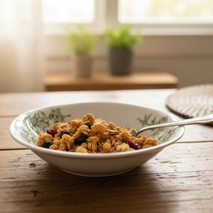 Bowl of granola with berries on a wooden table, blurred plants in the background