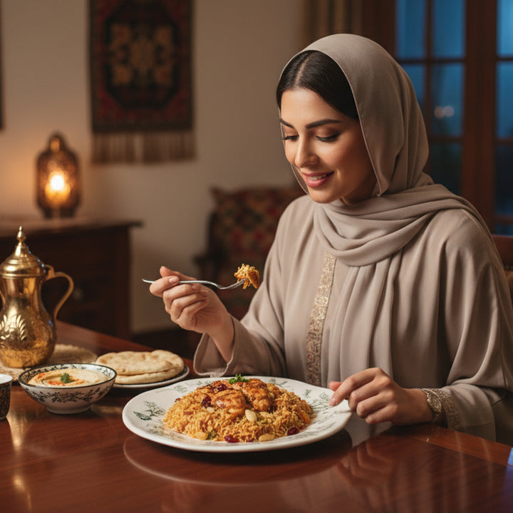 Woman in hijab enjoying a meal at a table with a warm and inviting atmosphere.