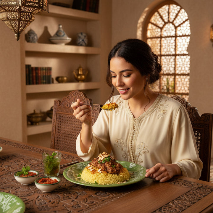 Woman enjoying a meal at a dining table with a warm, inviting atmosphere.