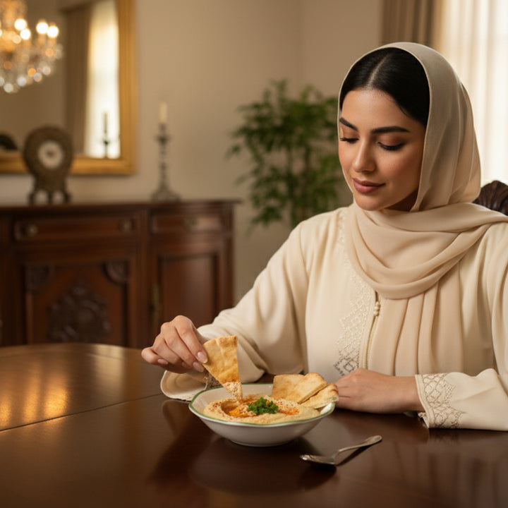Woman in hijab eating a meal at a dining table in a home setting
