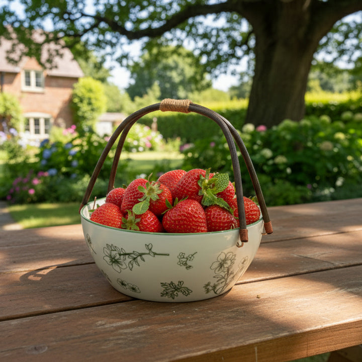 Bowl of strawberries on a wooden table with a garden background
