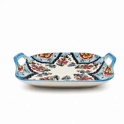 Serving Plate With Handles 8 Inch Blue Floral Design Siddiq Gifts