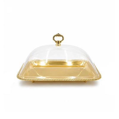 Elegant Serving Tray With A Clear Acrylic Dome Lid And Gold Finish, Measuring 36 × 26 Cm And Ideal For Presenting Sweets, Dates, Chocolates, Pastries, Desserts, And Snacks At Siddiq Gifts.