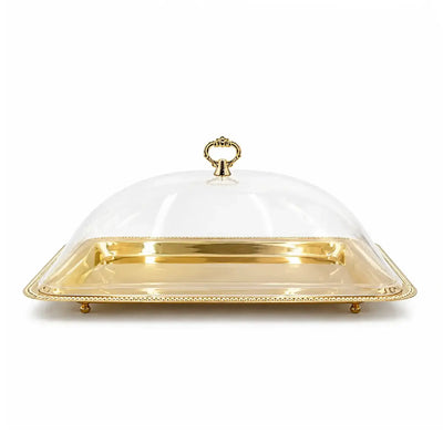 Elegant Serving Tray With A Clear Acrylic Dome Lid And Gold Finish, Measuring 44 × 32 Cm And Ideal For Presenting Sweets, Dates, Chocolates, Pastries, Desserts, And Snacks At Siddiq Gifts.