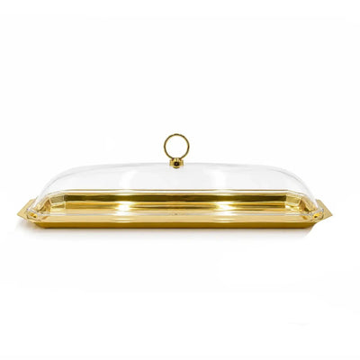 Elegant Serving Tray With A Clear Acrylic Lid And Gold Finish, Measuring 36 × 26 Cm And Ideal For Presenting Sweets, Dates, Chocolates, Pastries, Desserts, And Snacks At Siddiq Gifts.